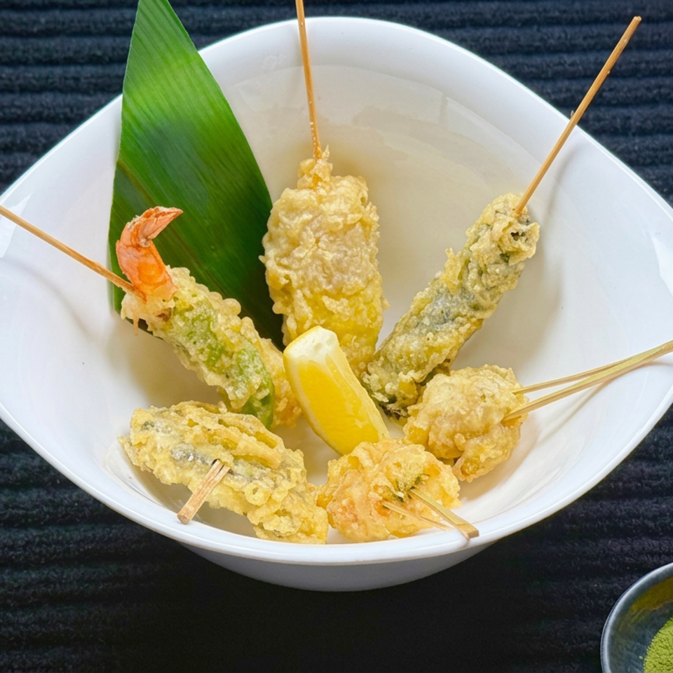 Assorted golden tempura skewers with shrimp, vegetables, lemon wedge, and green tea powder in a white bowl.