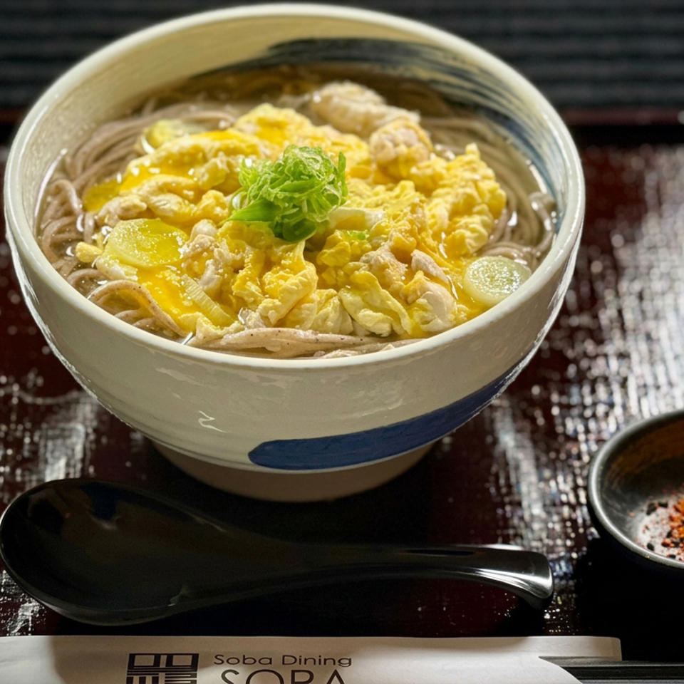 Bowl of soba noodles topped with scrambled egg, chicken, mushrooms, and green onions, served with chili flakes and a spoon.