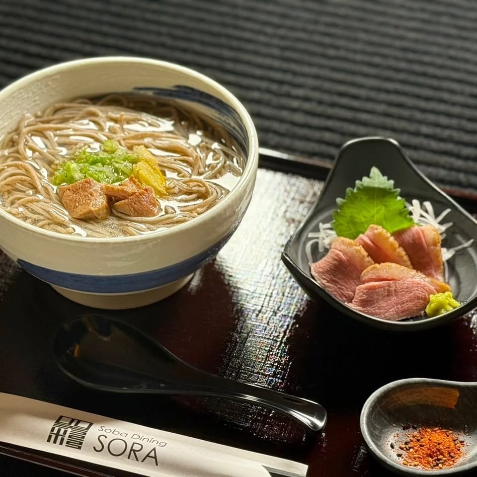 Japanese soba noodle soup with duck, sliced duck sashimi, wasabi, and seasoning served on a lacquered tray.